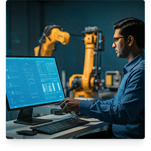 Engineer monitoring robotic production line